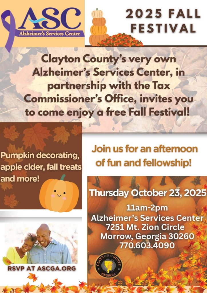 ASC 2025 Fall Festival, October 23, 3035 from 11am-2pm at the Alzheimer's Services Center, 7251 Mt. Zion Circle, Morrow, GA